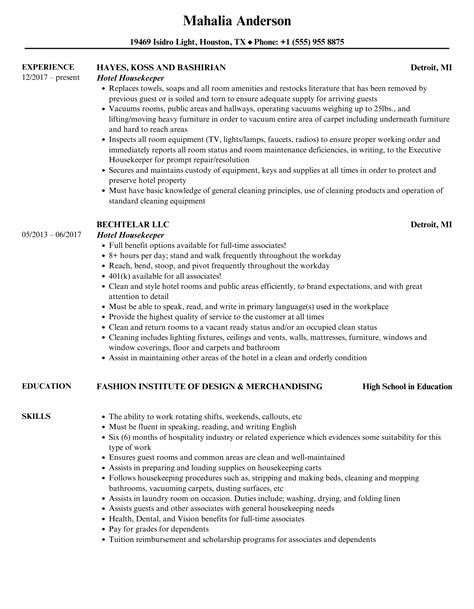 hotel housekeeper resume.